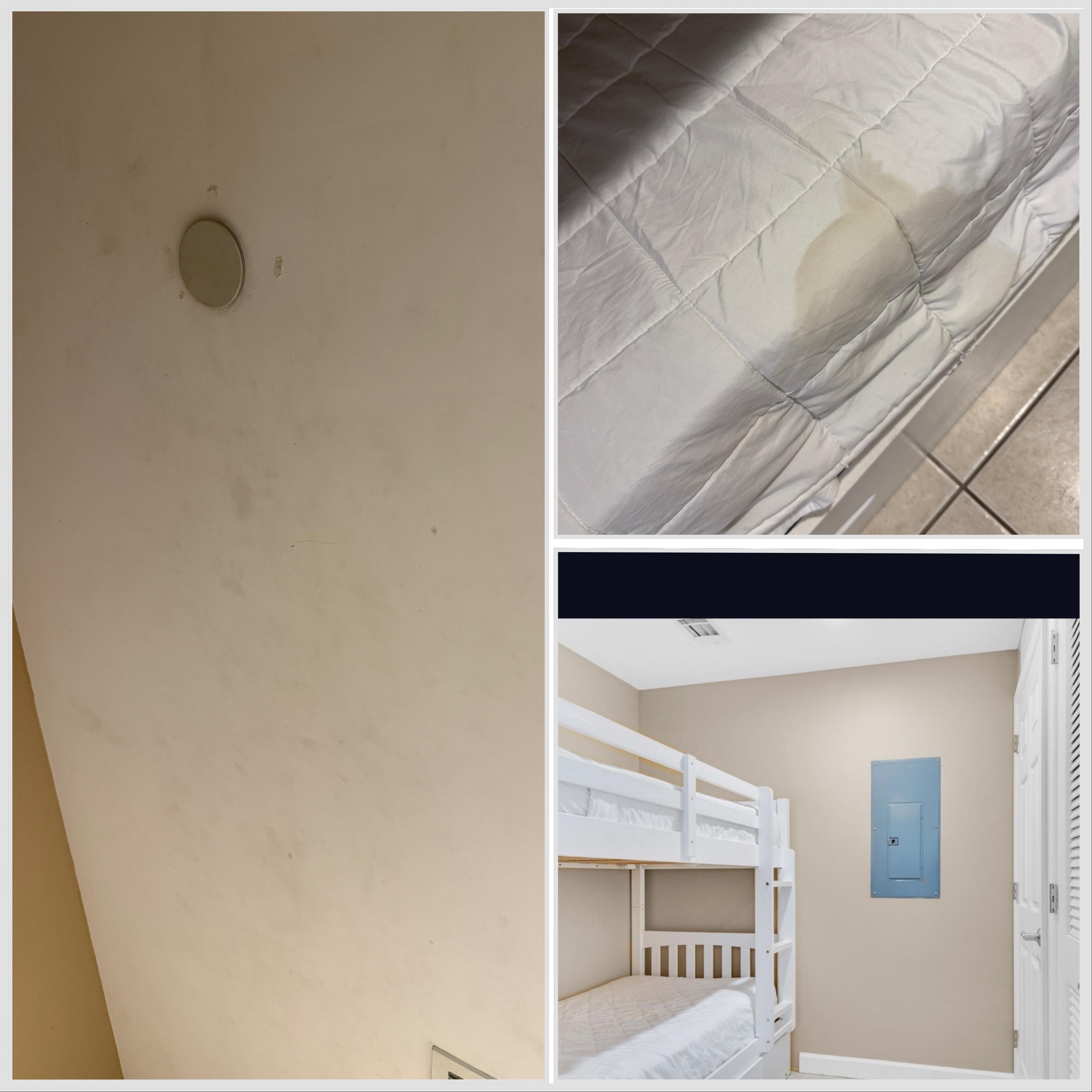 Stained bedding & dirty ceiling above bunk beds. Listing photo attached for reference.