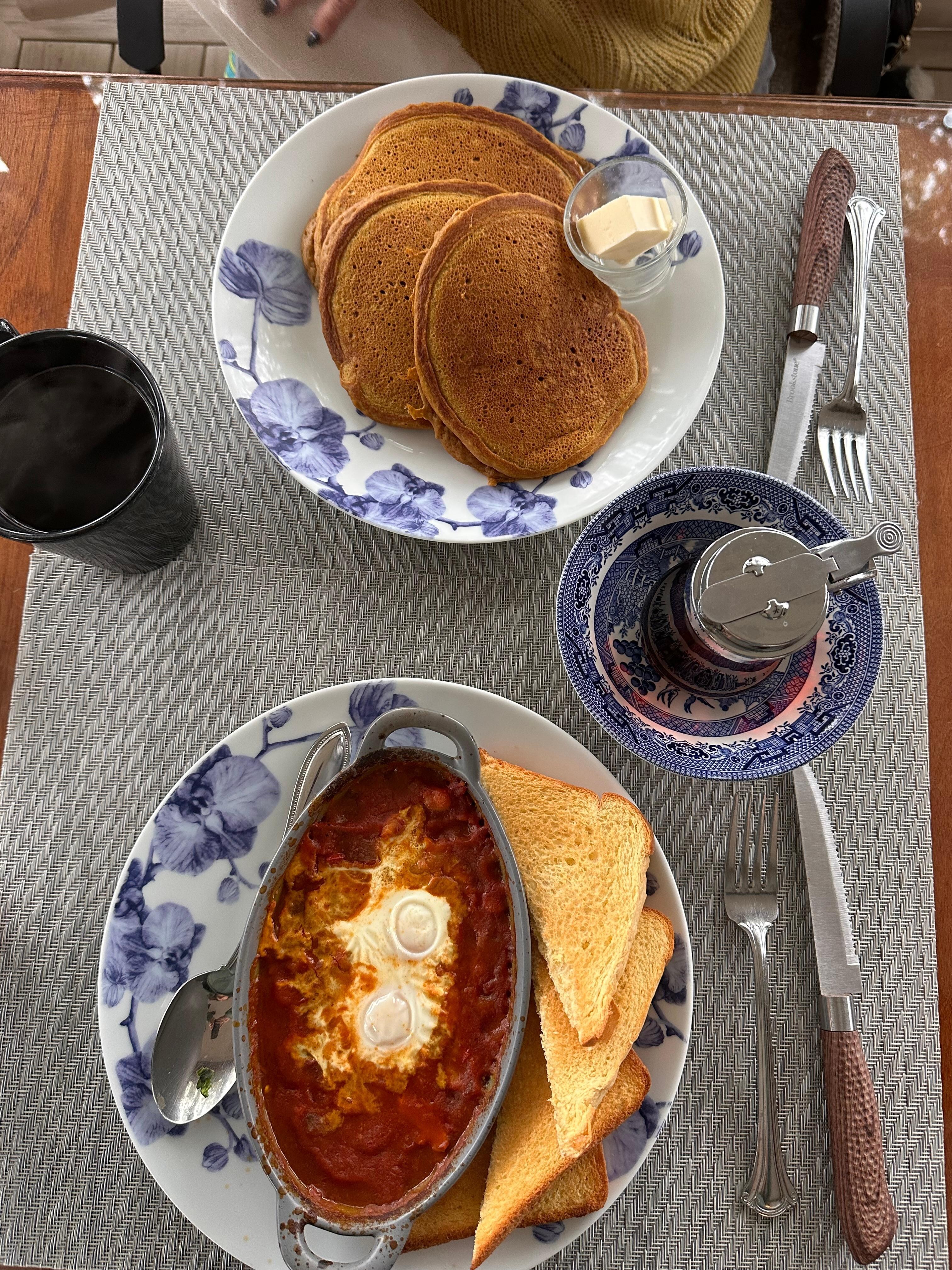 Anthony’s pumpkin pancakes & Shakshouka
