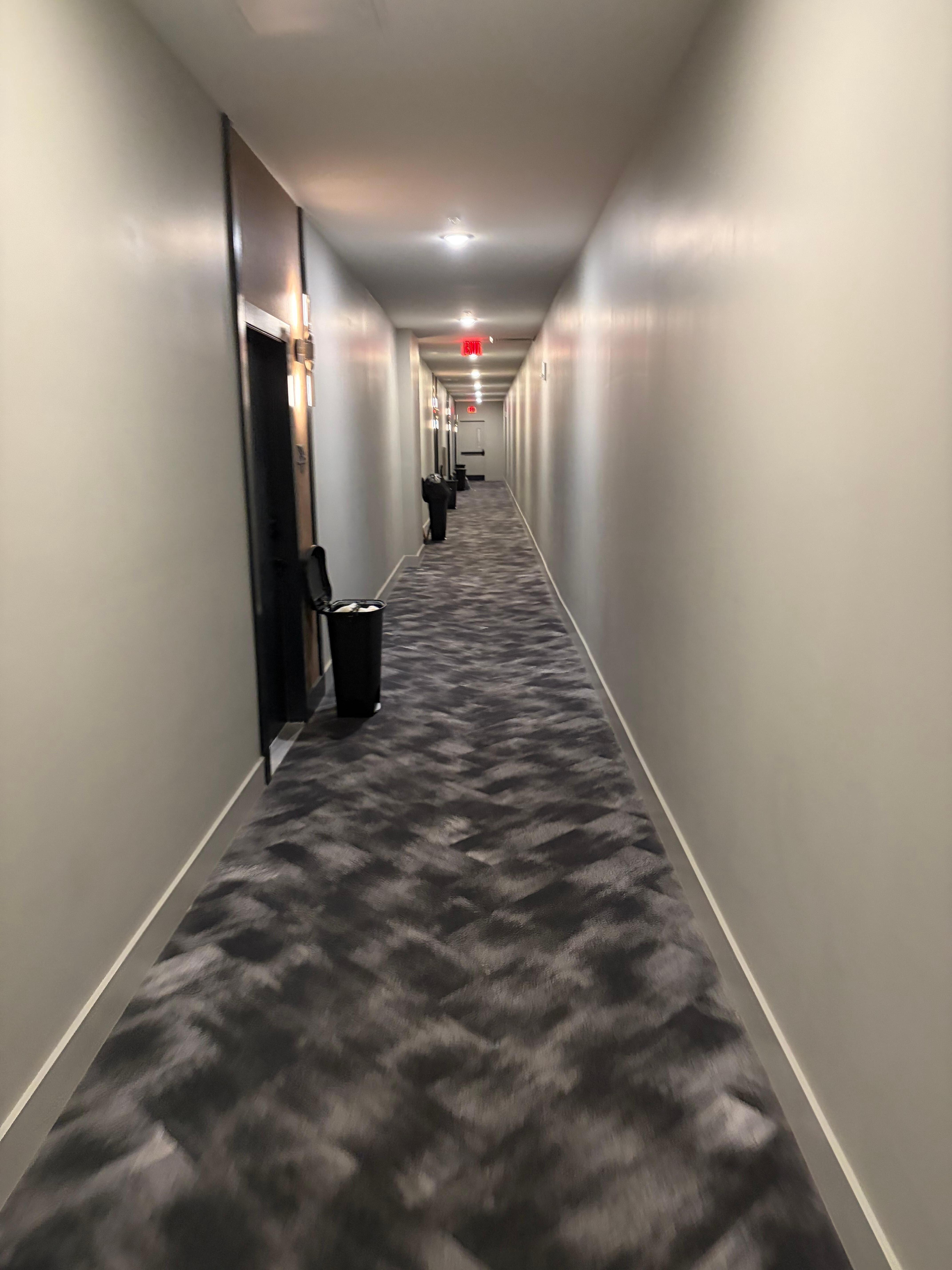 Trash cans all down the hallway 