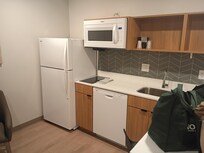 Full size fridge and a hot plate built in the counter top. Sink and bar