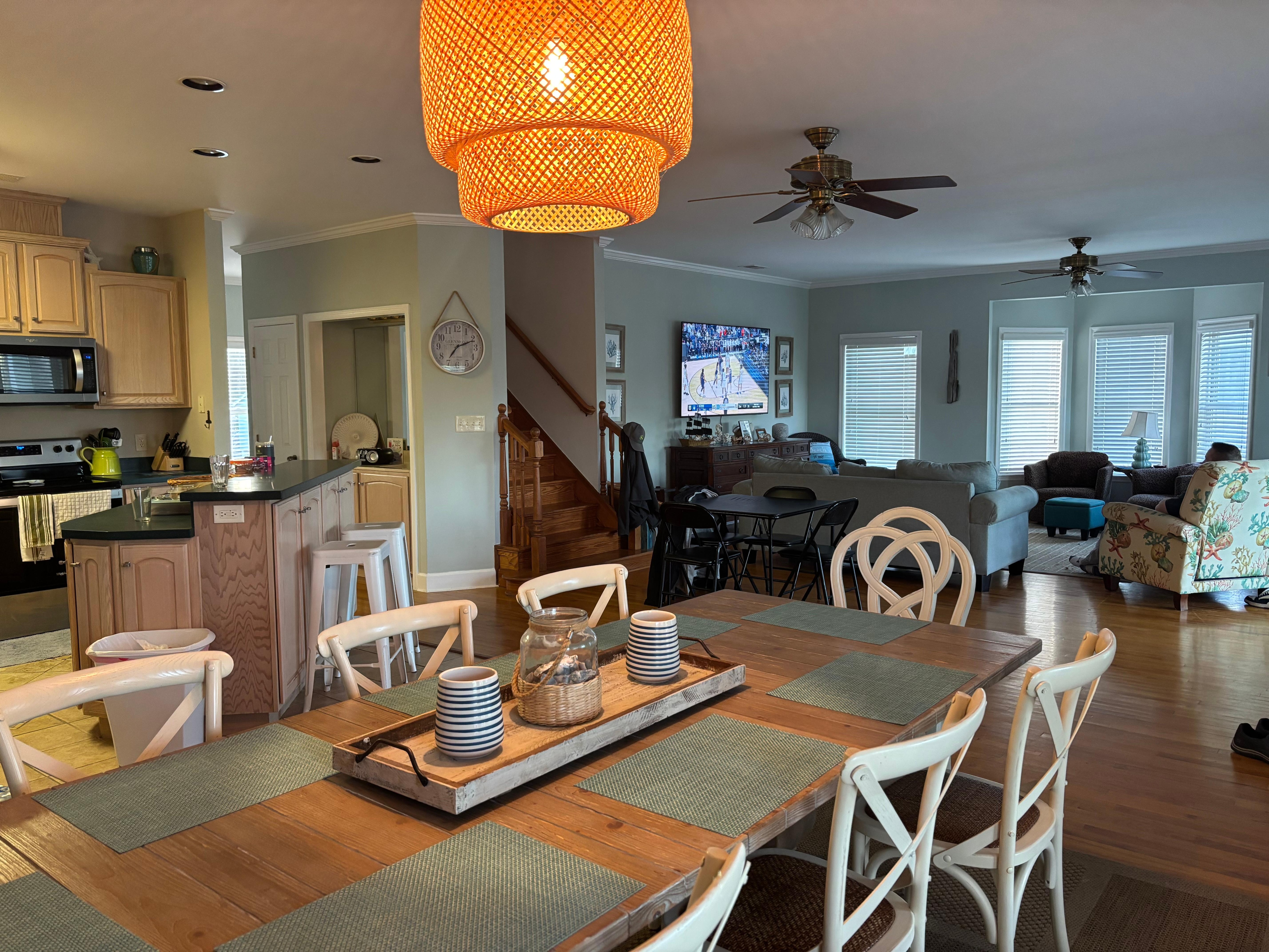 Open layout kitchen, dining room, living room. Spent the evenings playing cards around the table