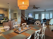 Open layout kitchen, dining room, living room. Spent the evenings playing cards around the table