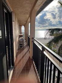 Narrow balcony spans length of living room & master bedroom on side of building