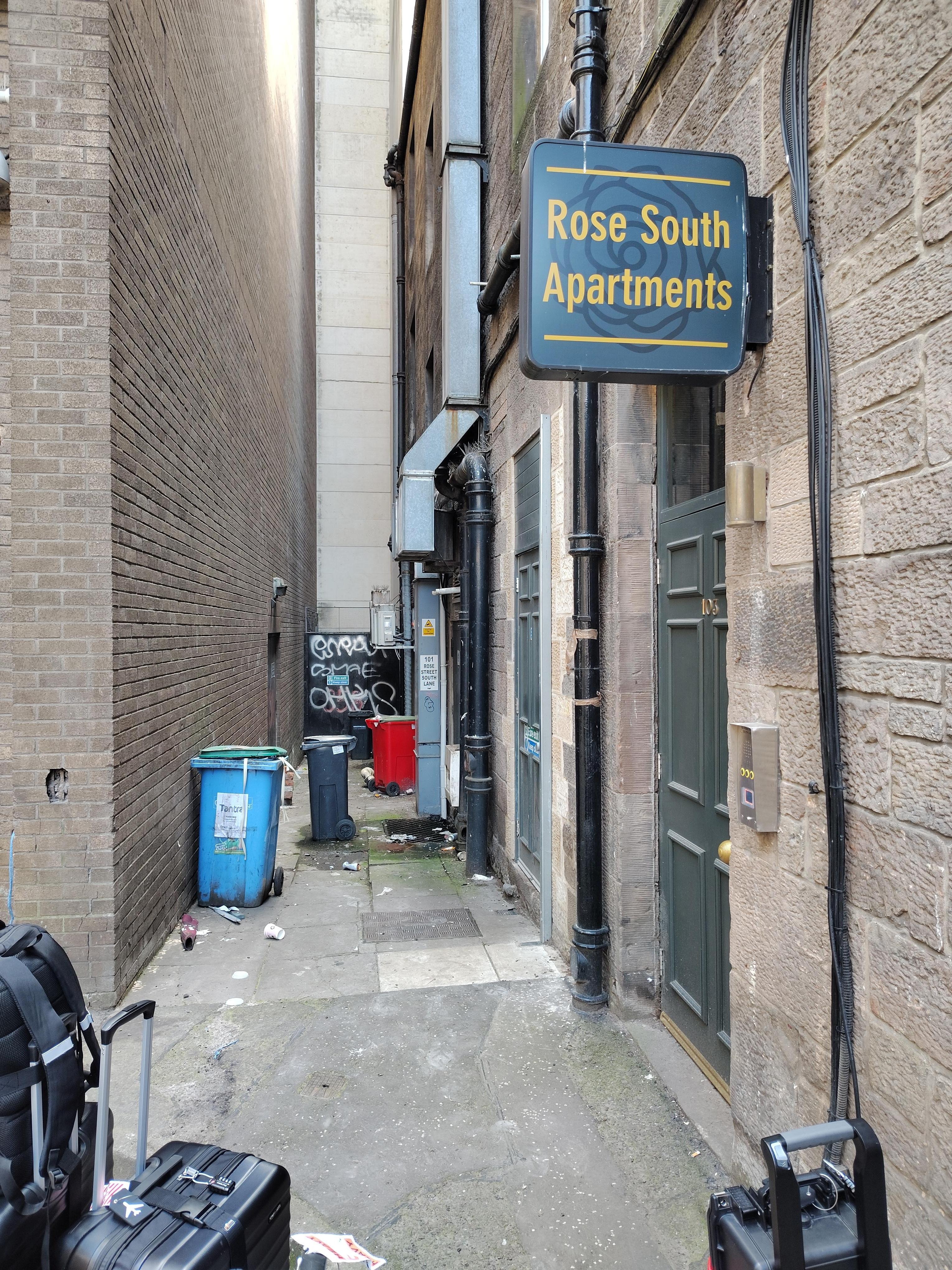 1.	Located in an alley with lots of homeless people hanging around 