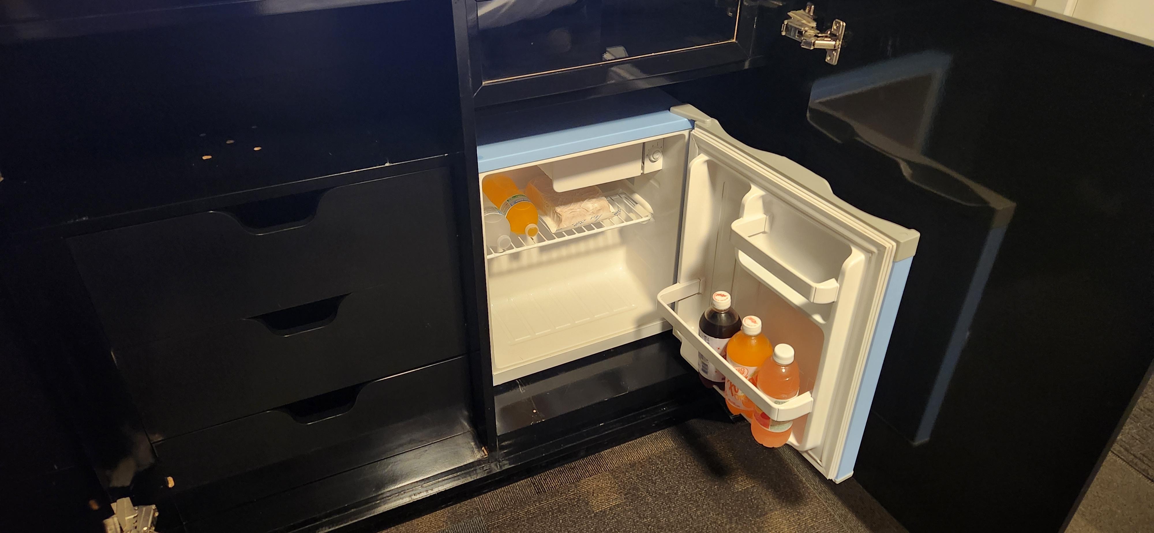 Tiny dorm-size refrigerator & no microwave 