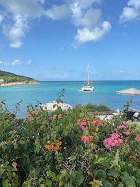 View from the walkway to the pool and the main restaurant