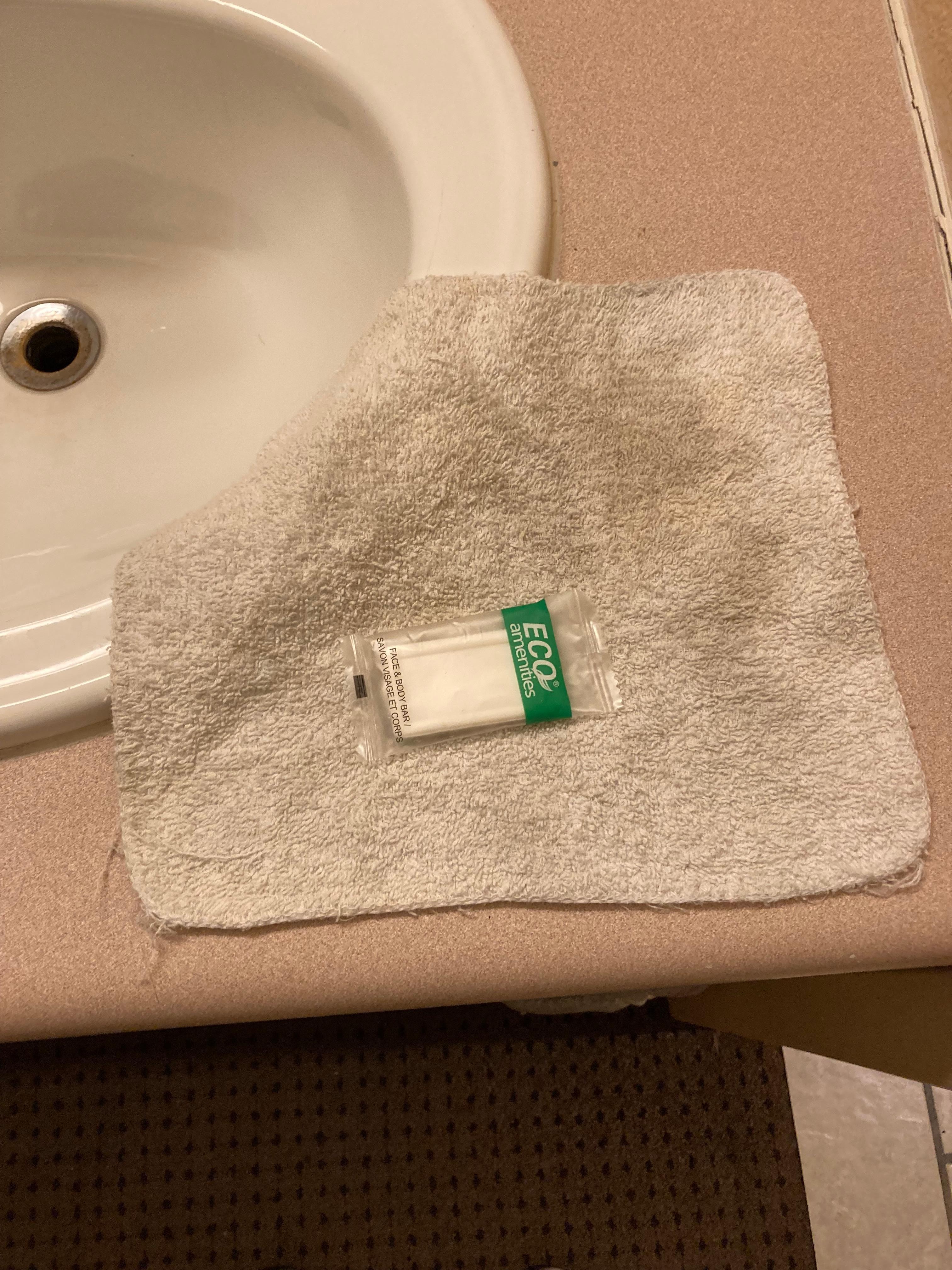 This hand towel was the only thing left in the room.. No Shower towels just this one rag. Are you kidding ?