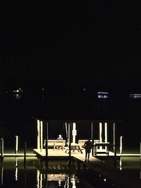 Looking out at the dock from the house at night