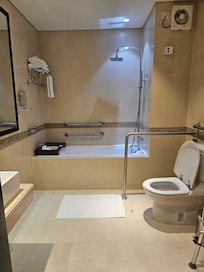 First room loose toilet seat, cracke floor tiles, missing wall fittings