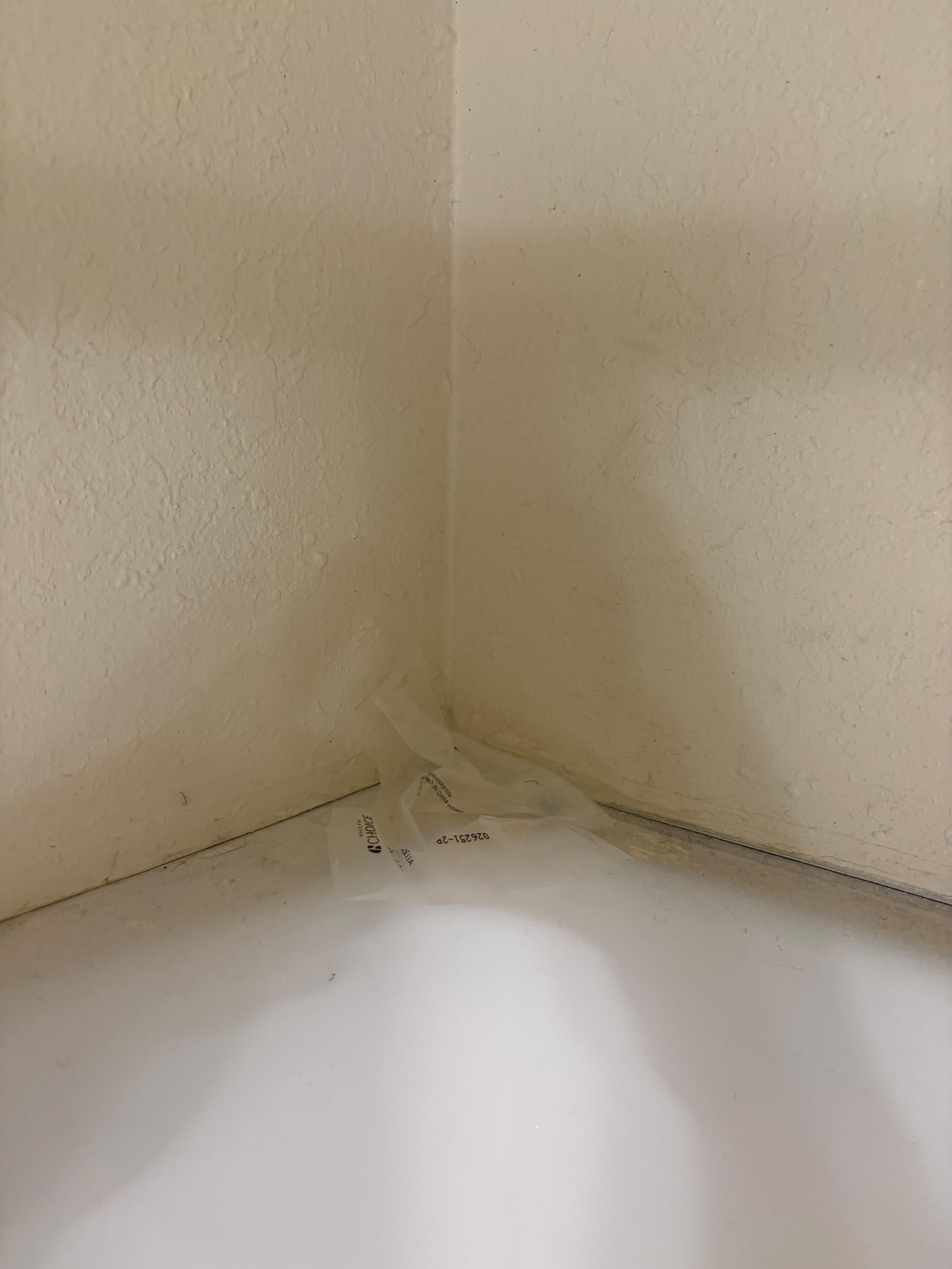 Soap wrapper left in shower. Was shower even cleaned?
