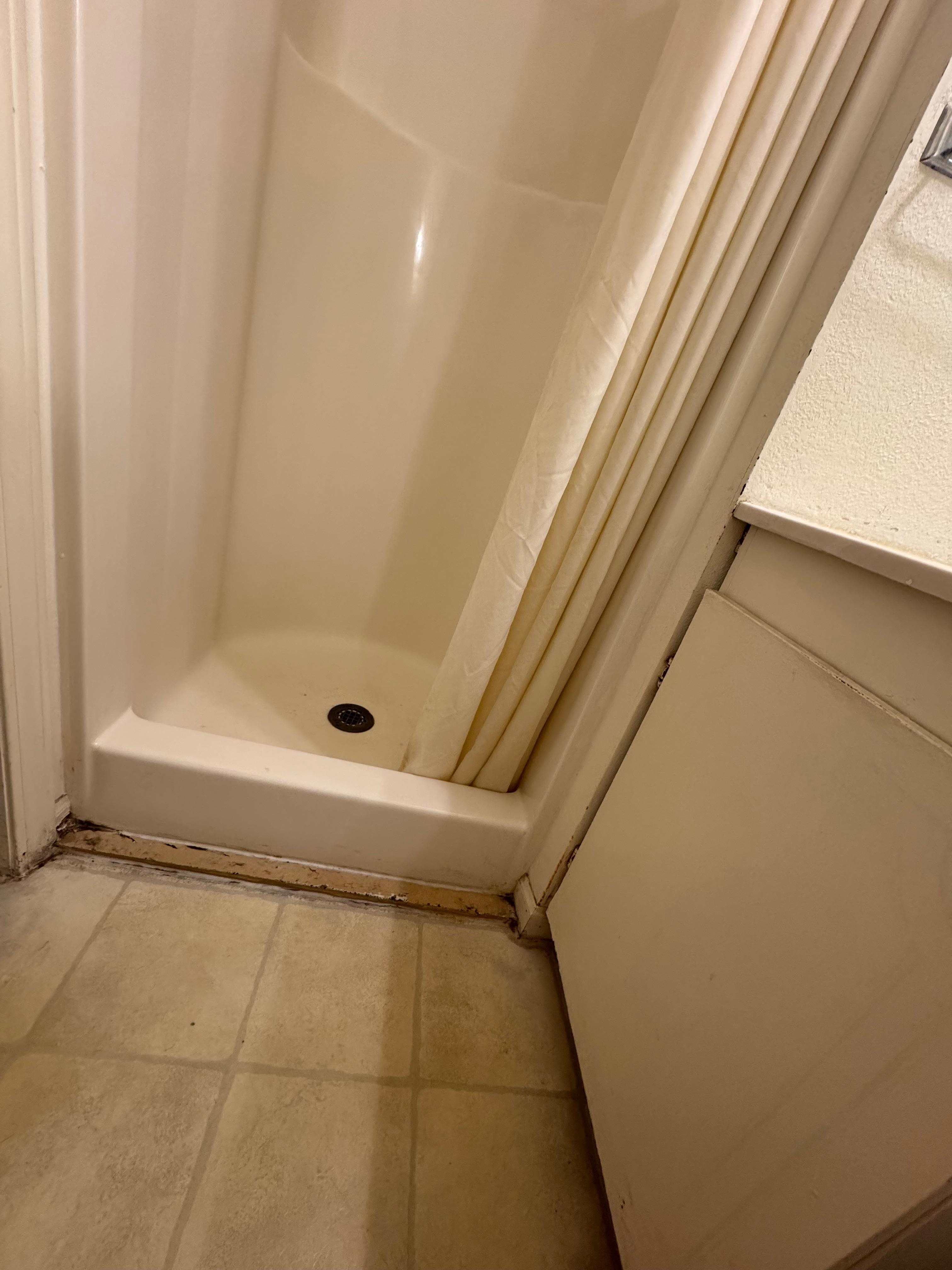 The rotten trim around the shower.