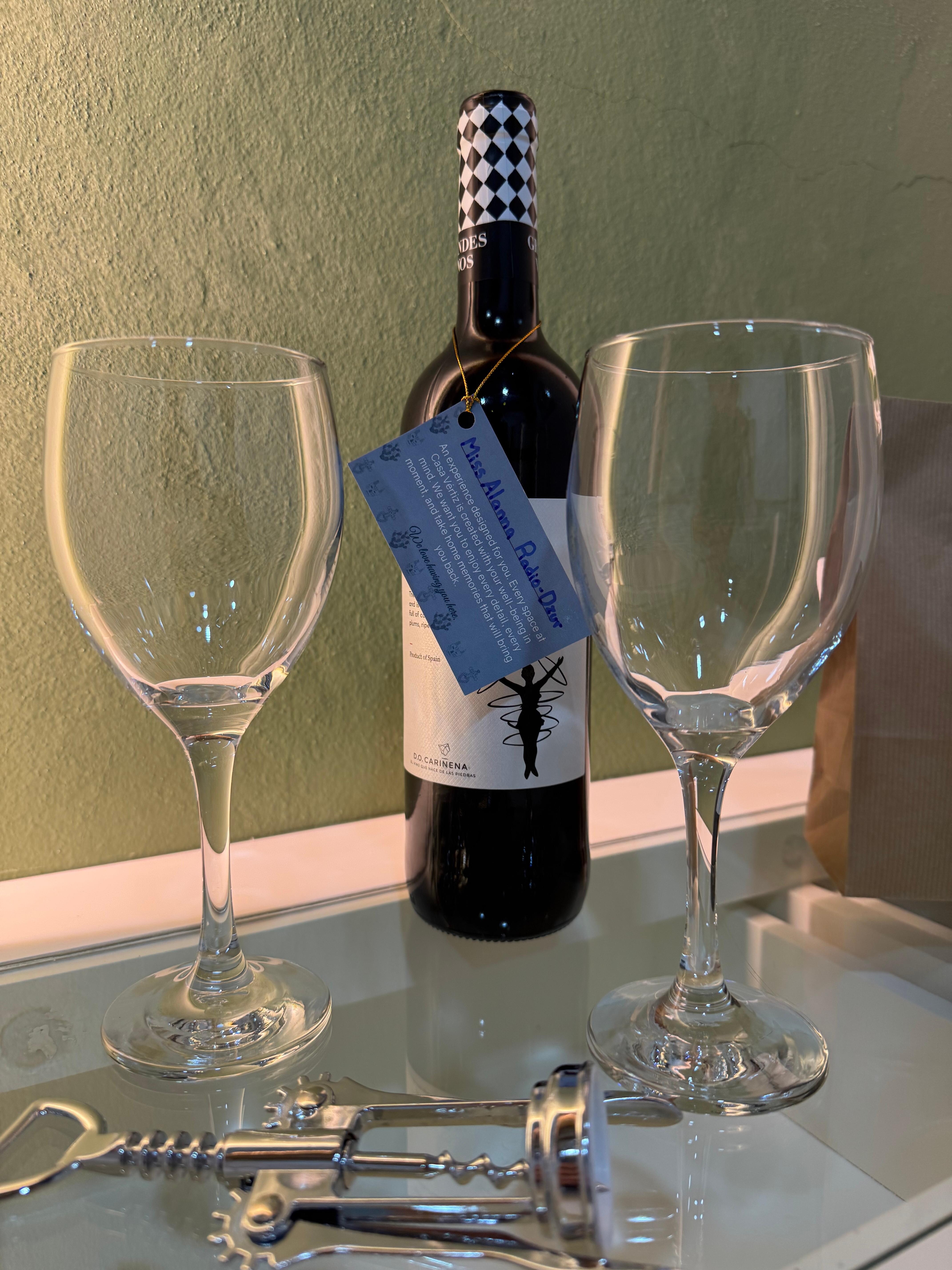 Complementary wine with a welcome note - enjoyed with gusto on the terraza