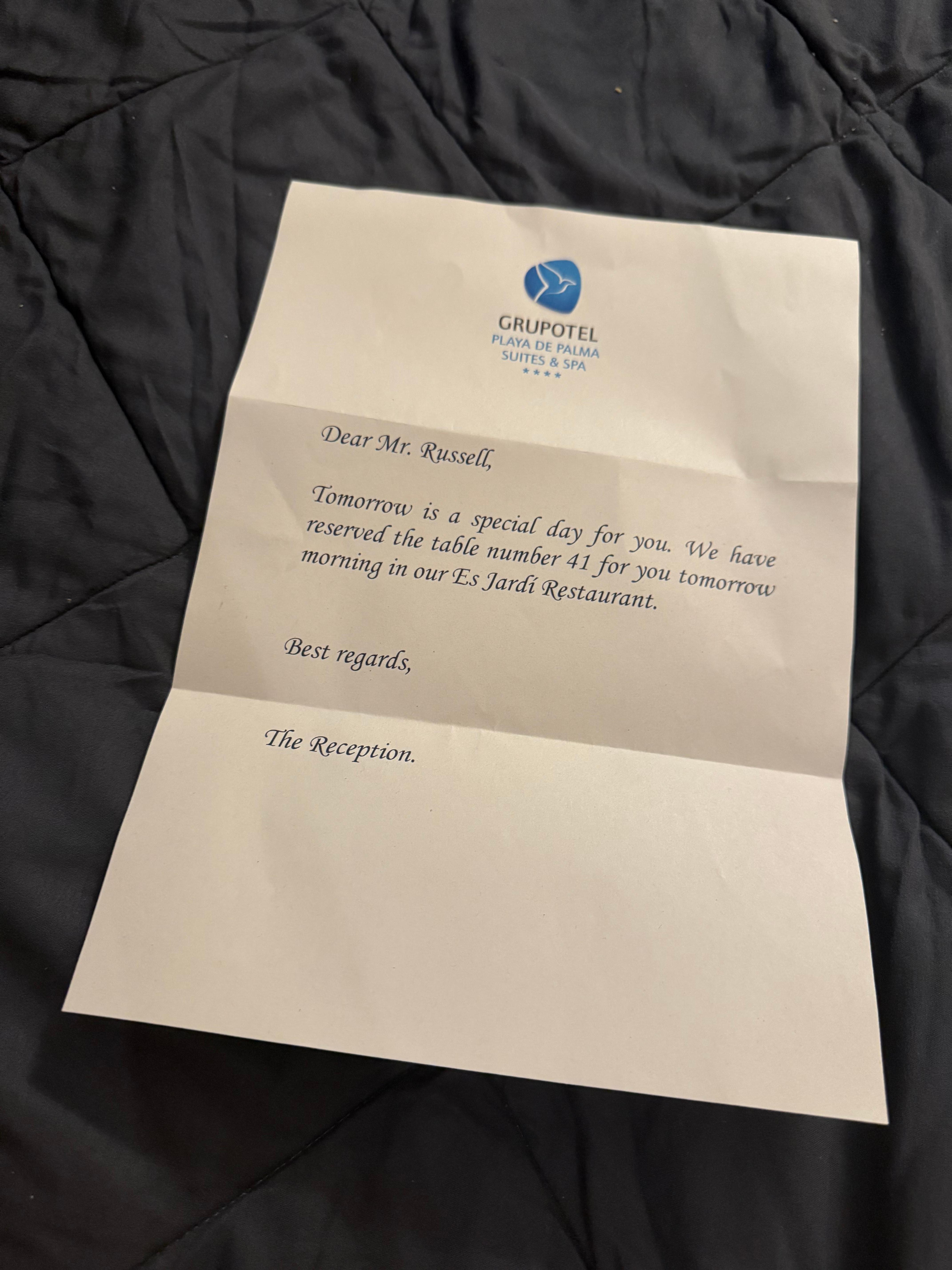 A birthday note that was slid under our door the night before my birthday