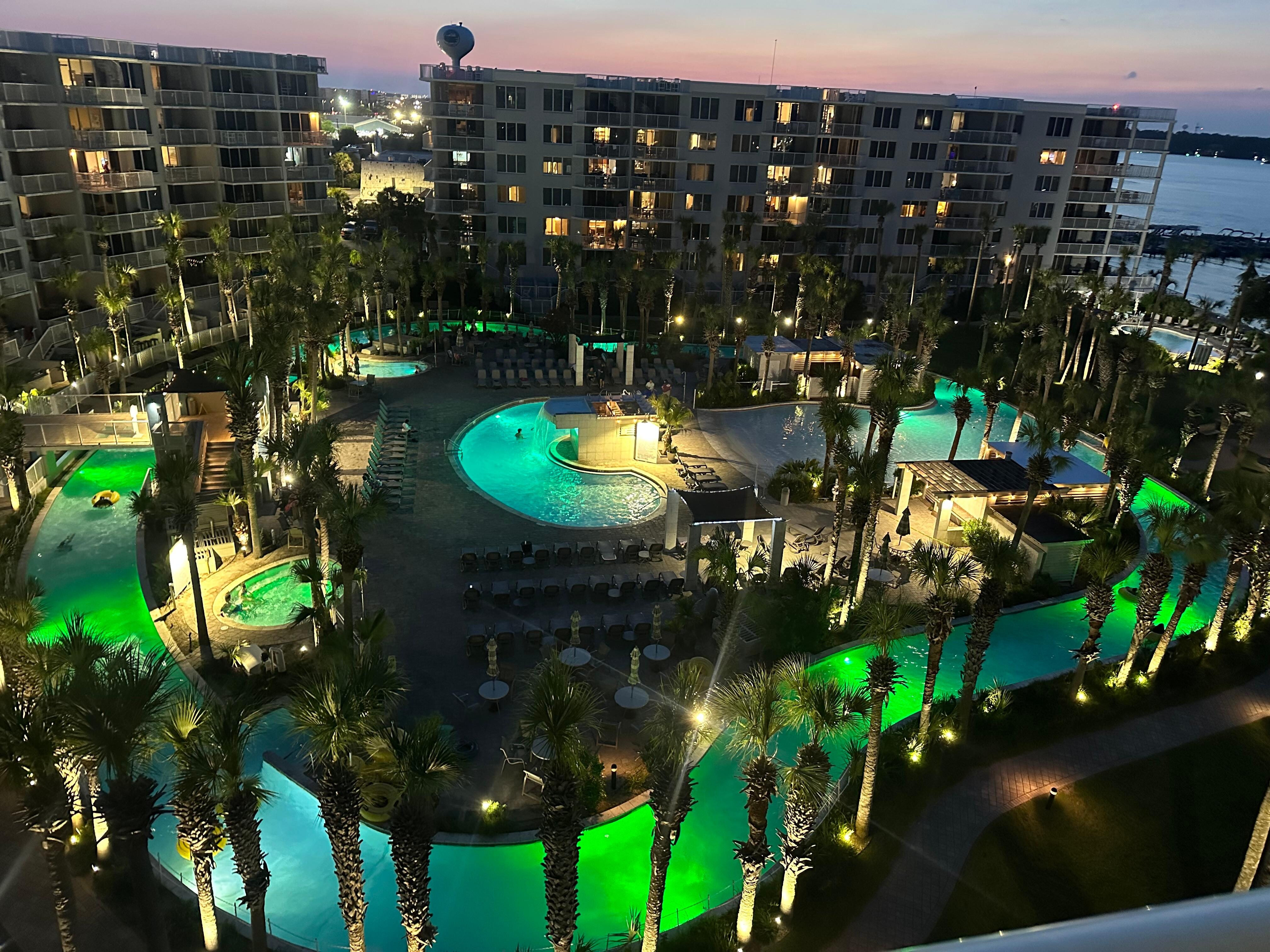 View of pool/lazy River at night