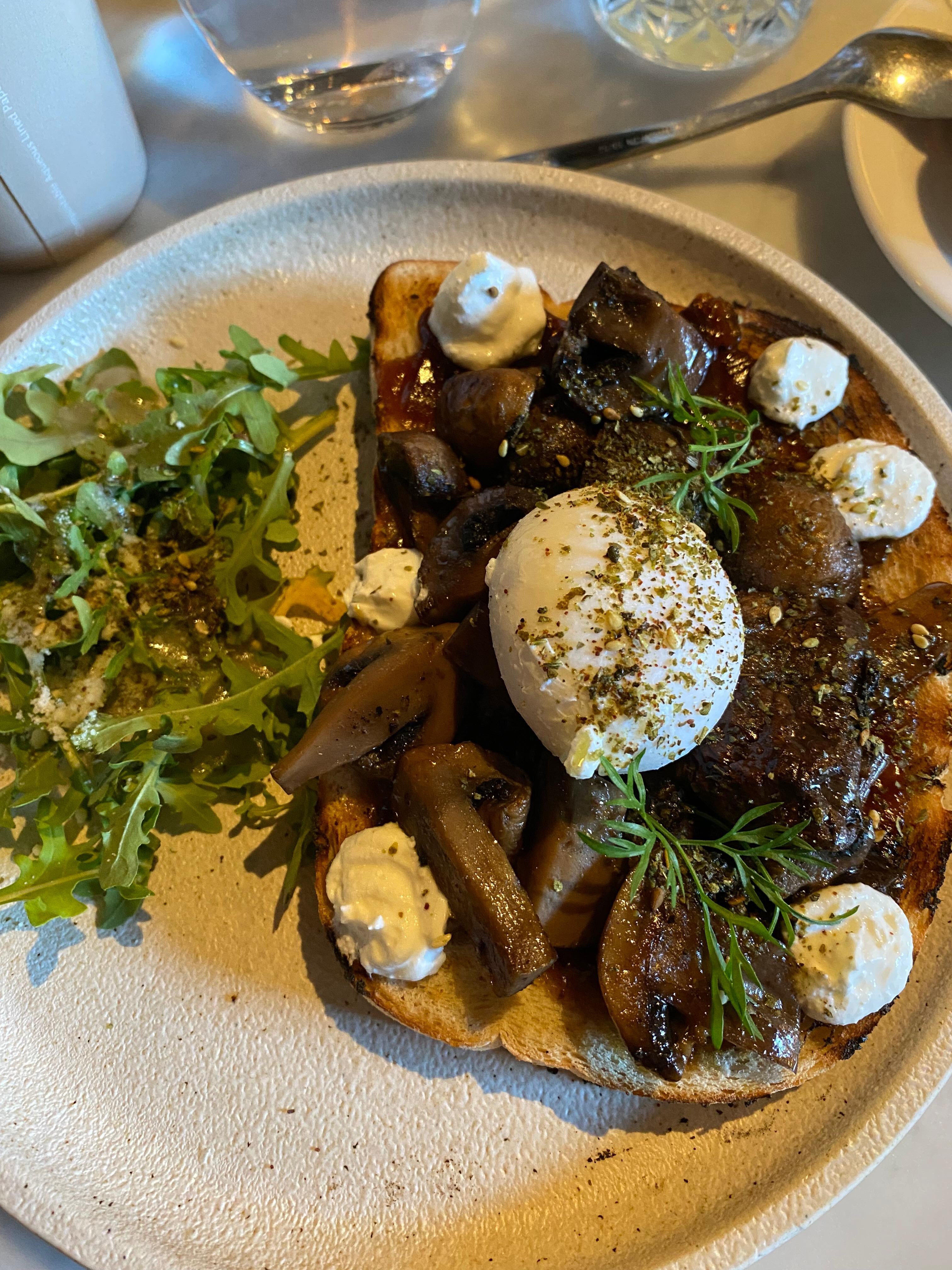 Breakfast -mushrooms on toast with egg.