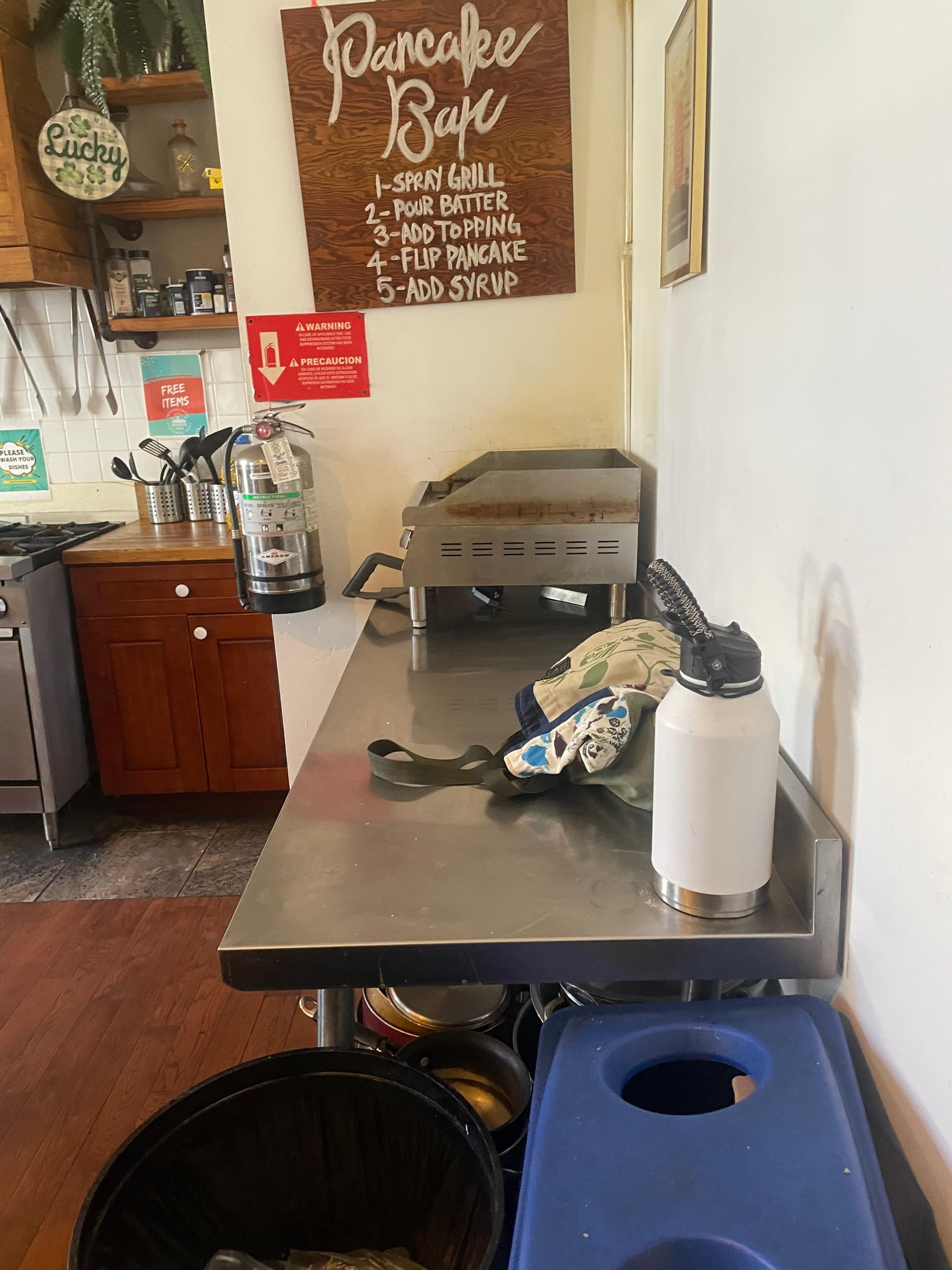 Free pancakes 7-9 and i saw eggs and bread out also. 