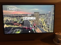 The TV greated us when we entered the room.