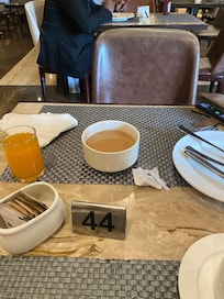 Tea from a cereal bowl as there were no cups left.