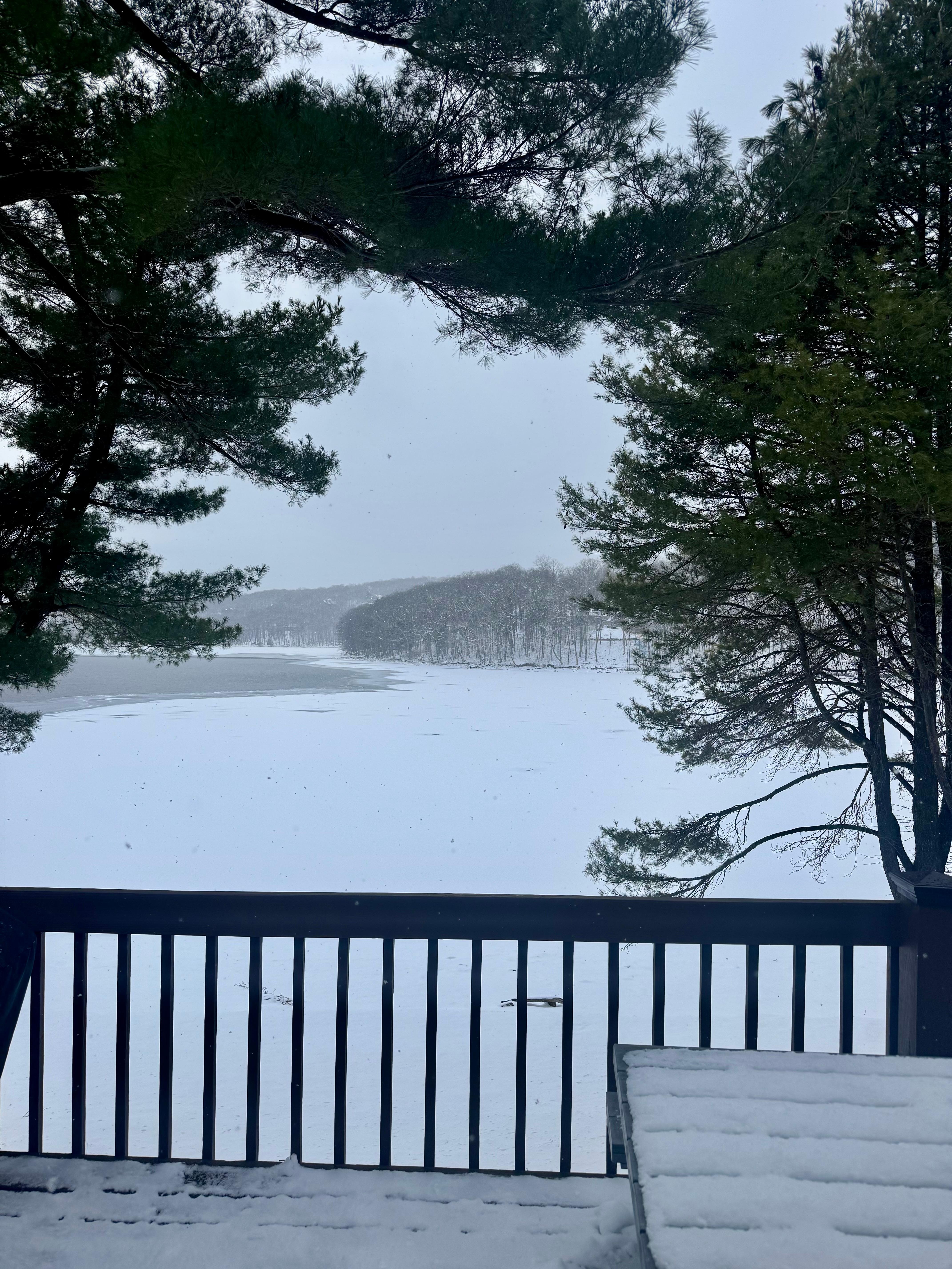 Snow-covered lake right off the deck- beautiful!