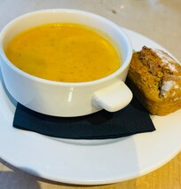 Soup of the day with homemade warm bread delicious