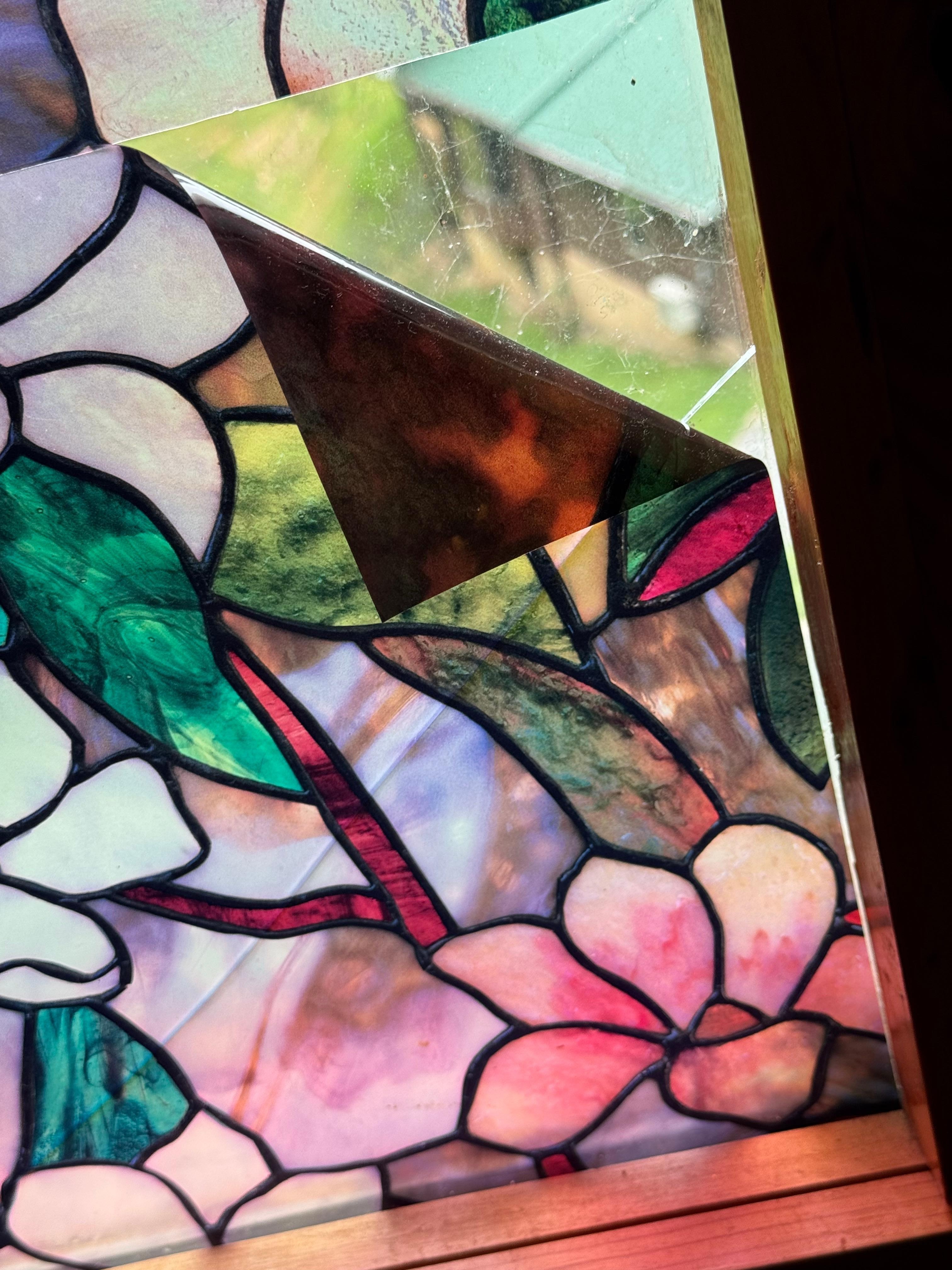 Cracked window, window stickers peeling