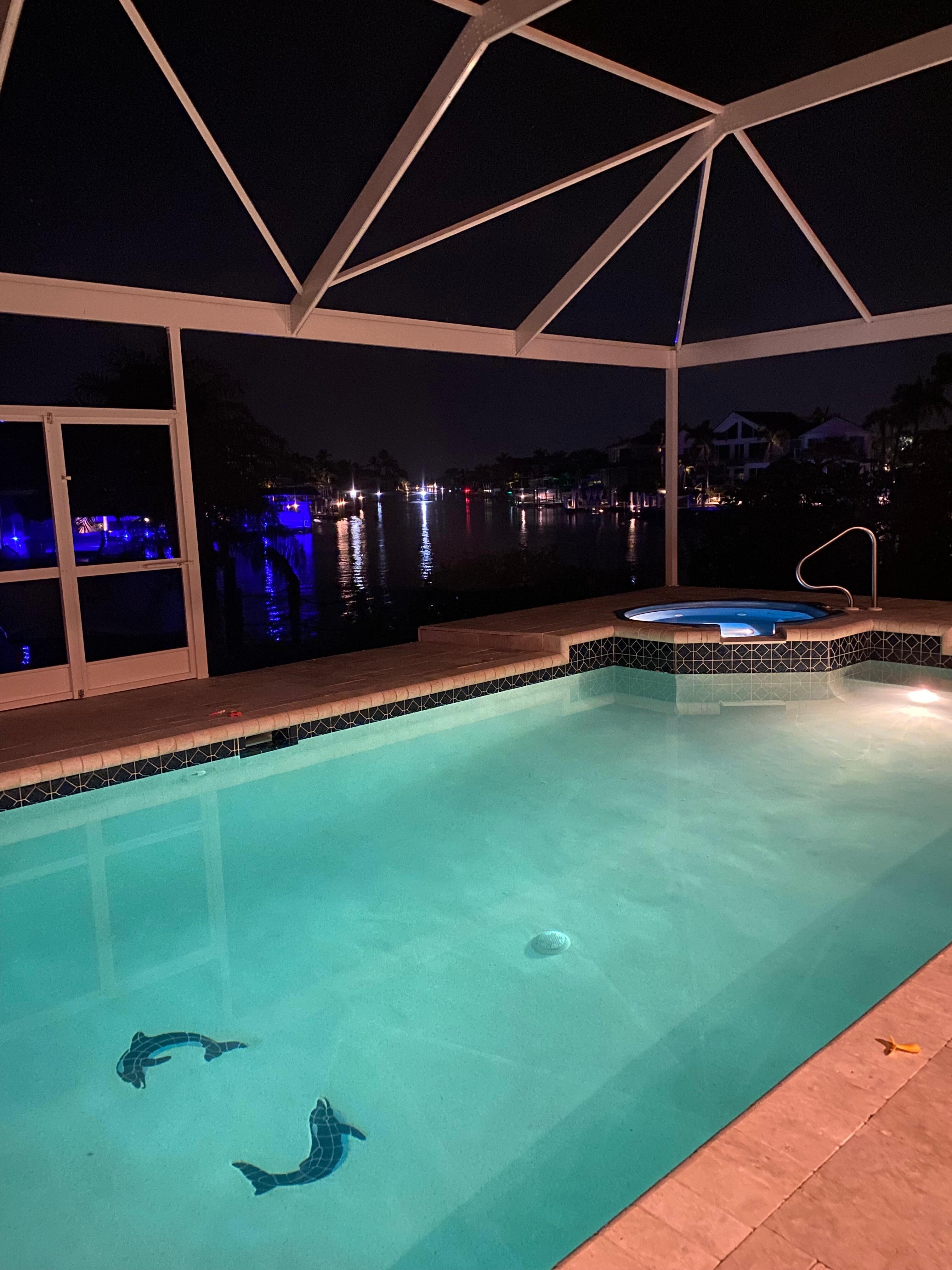 Pool at night looks amazing.