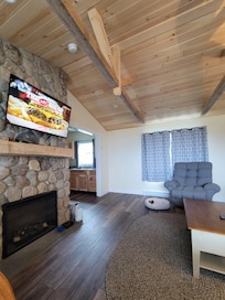 Spacious living room with a fireplace