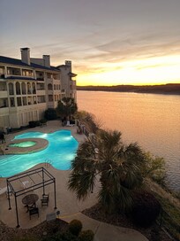 Pool lit up at night.