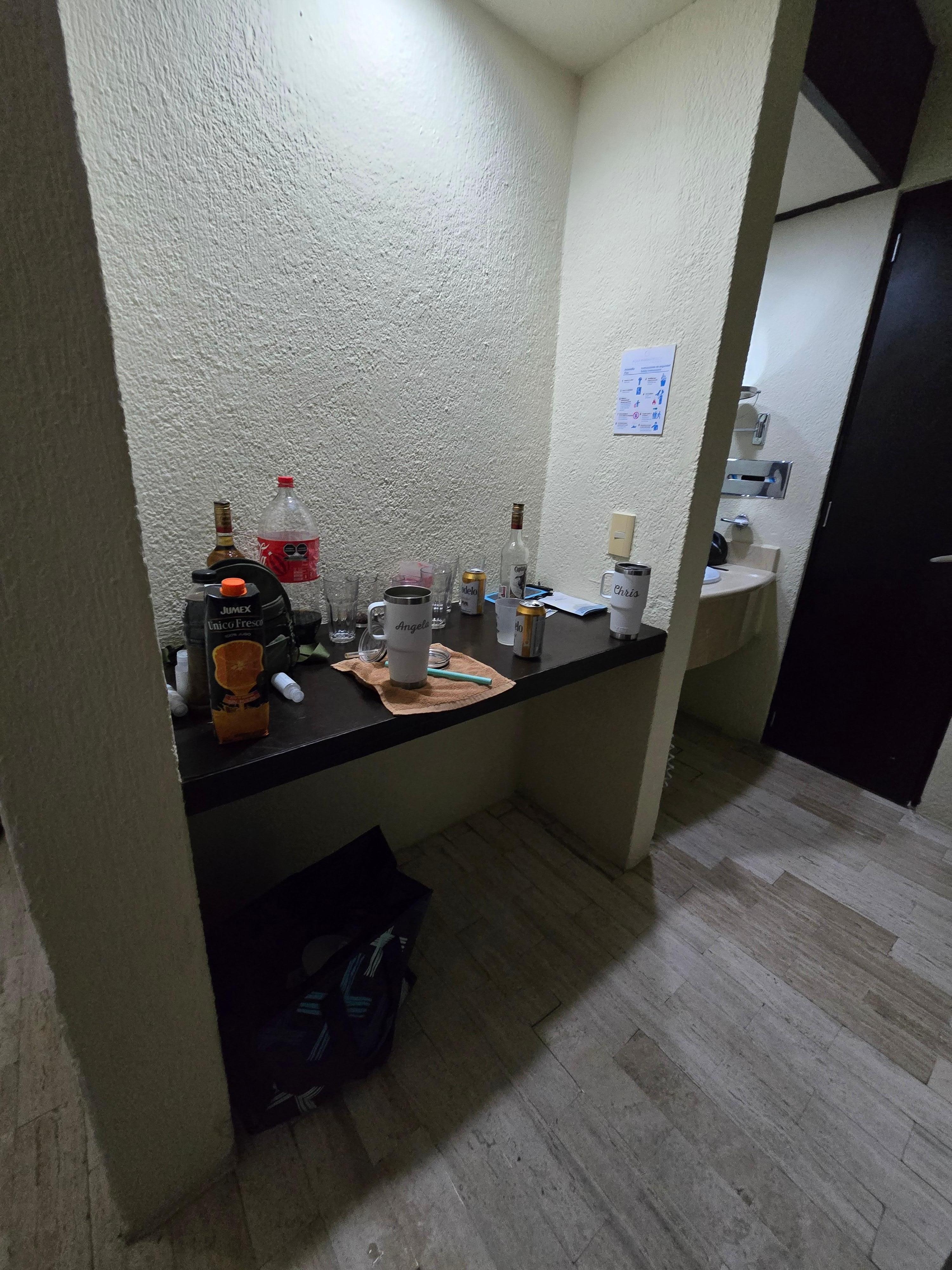 This was their kitchenette. No fridge or coffee just a counter 