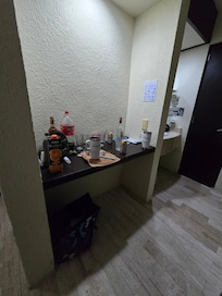 This was their kitchenette. No fridge or coffee just a counter