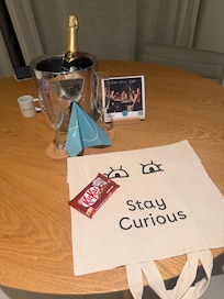 Welcome gifts in room.