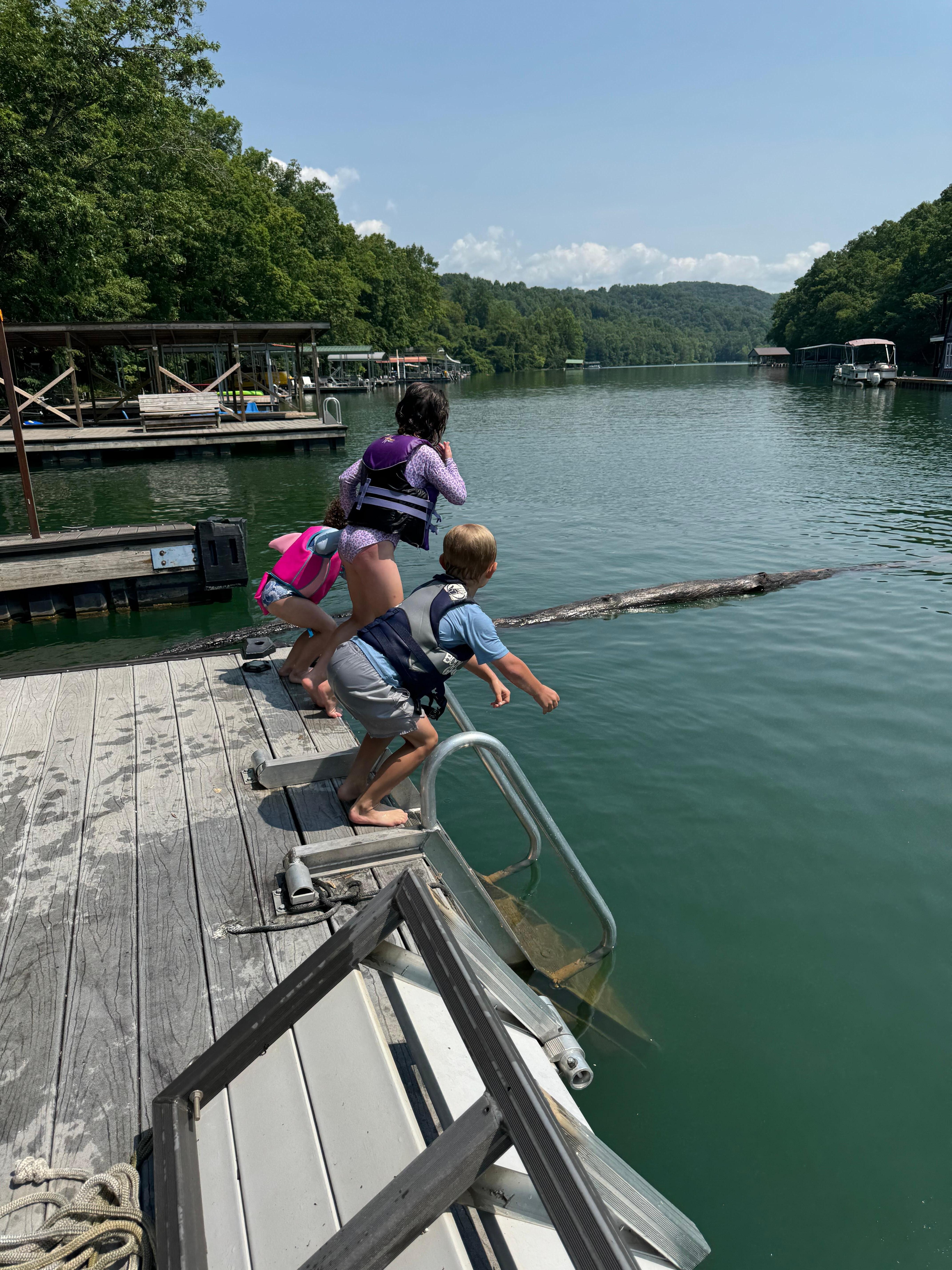 Jumping off the dock. They had a blast walking on the log. Kept them busy all week. 