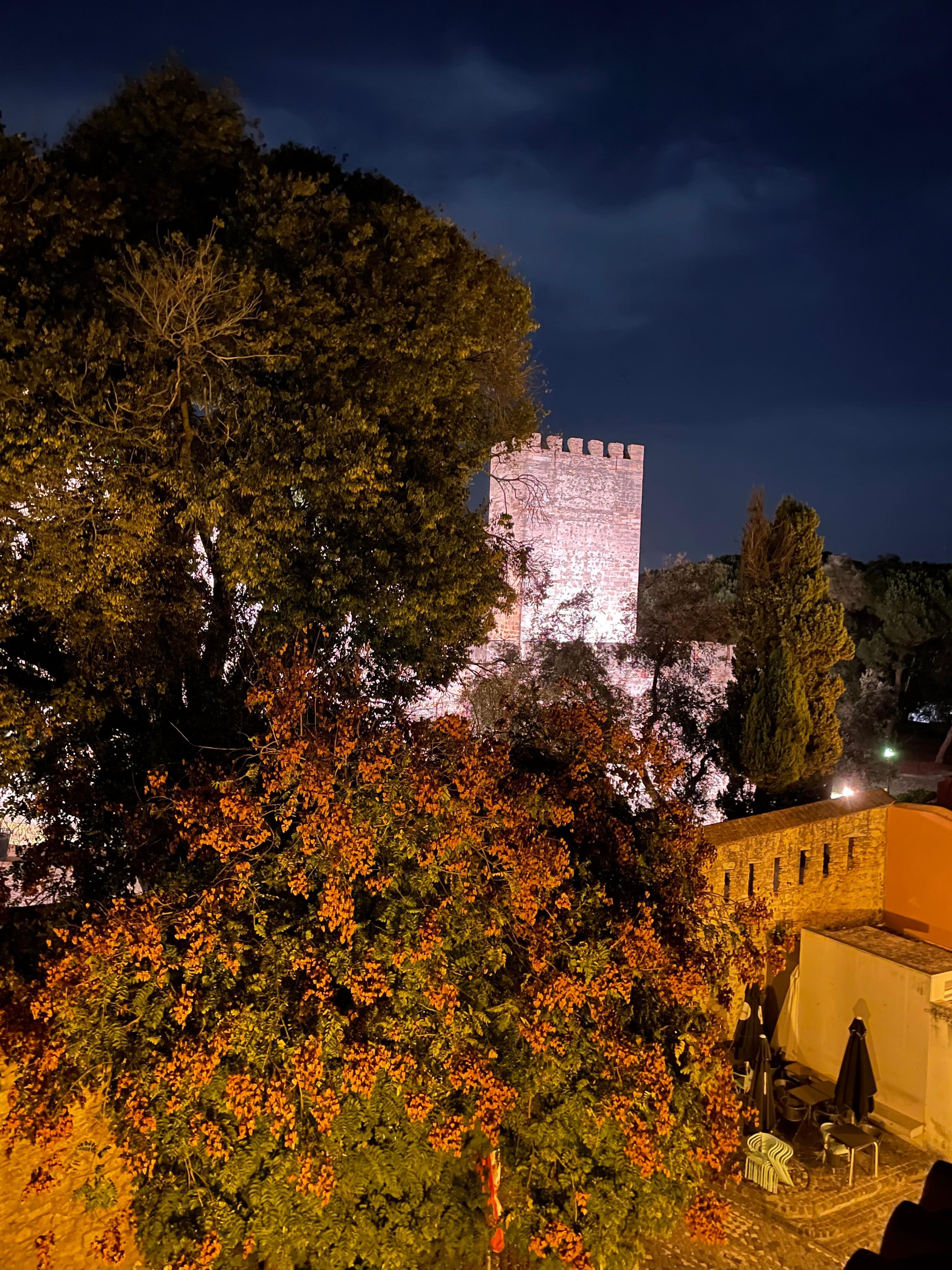 Room overlooking the castle garden at night 