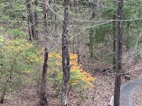 Looking down on walkway to boat ramp and lake from balcony