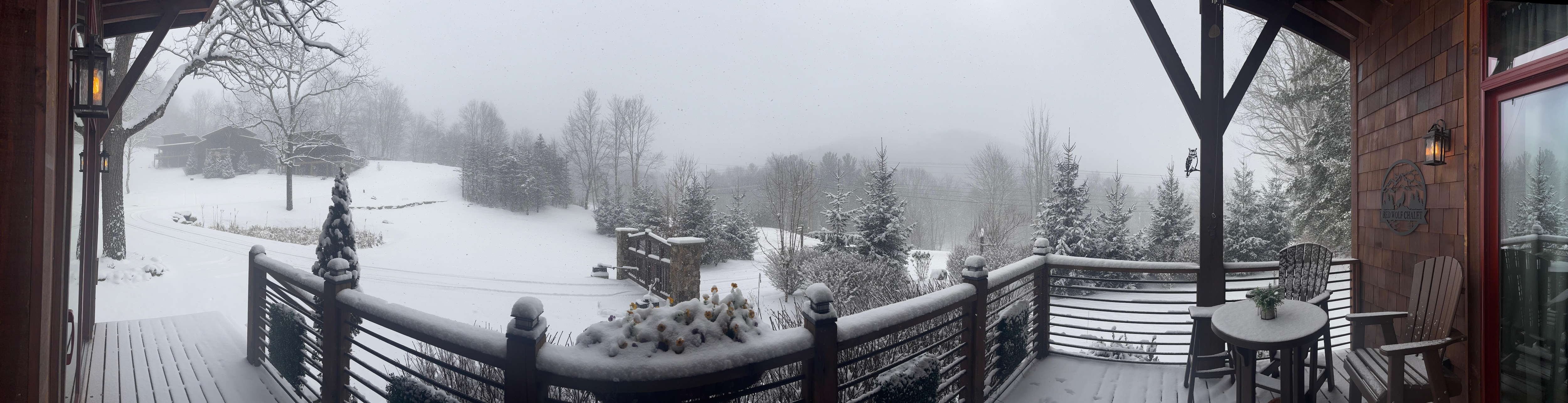 Panoramic view from front porch during January 2026 winter storm.