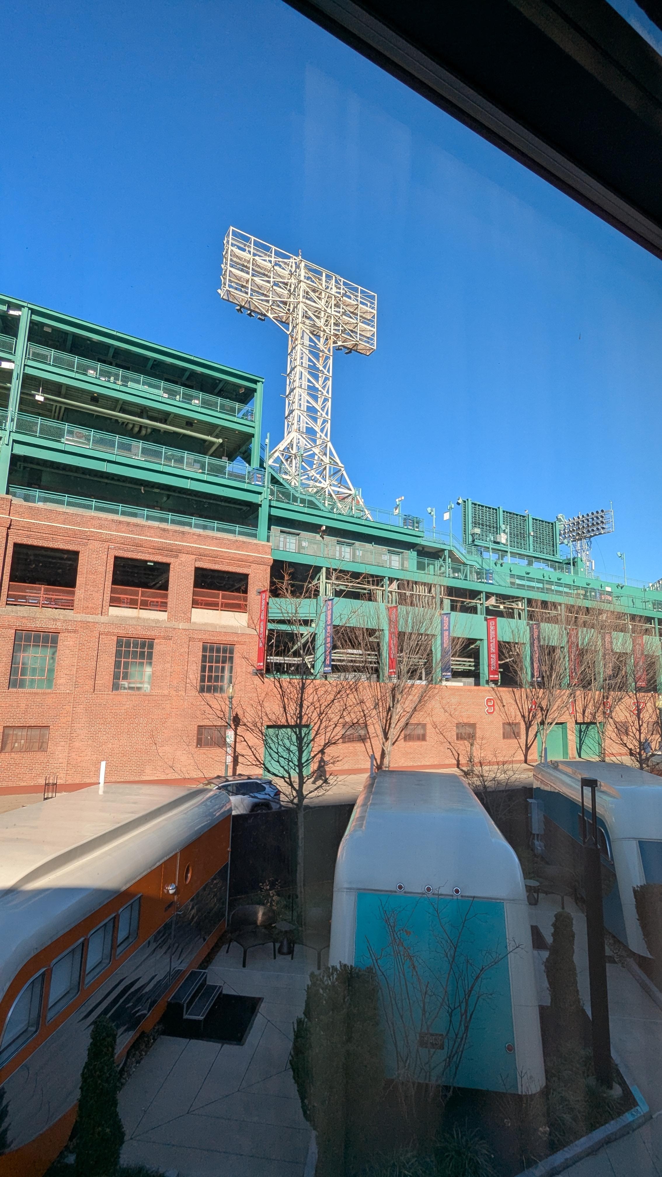 View from window overlooking the trailers and Fenway Park.