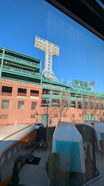 View from window overlooking the trailers and Fenway Park.