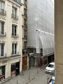 Building under major construction outside bedroom