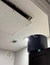 this gross ceiling panel filled with water then a huge gush of water poured out when it broke all over our toothbrushes and toiletries. It was so gross.