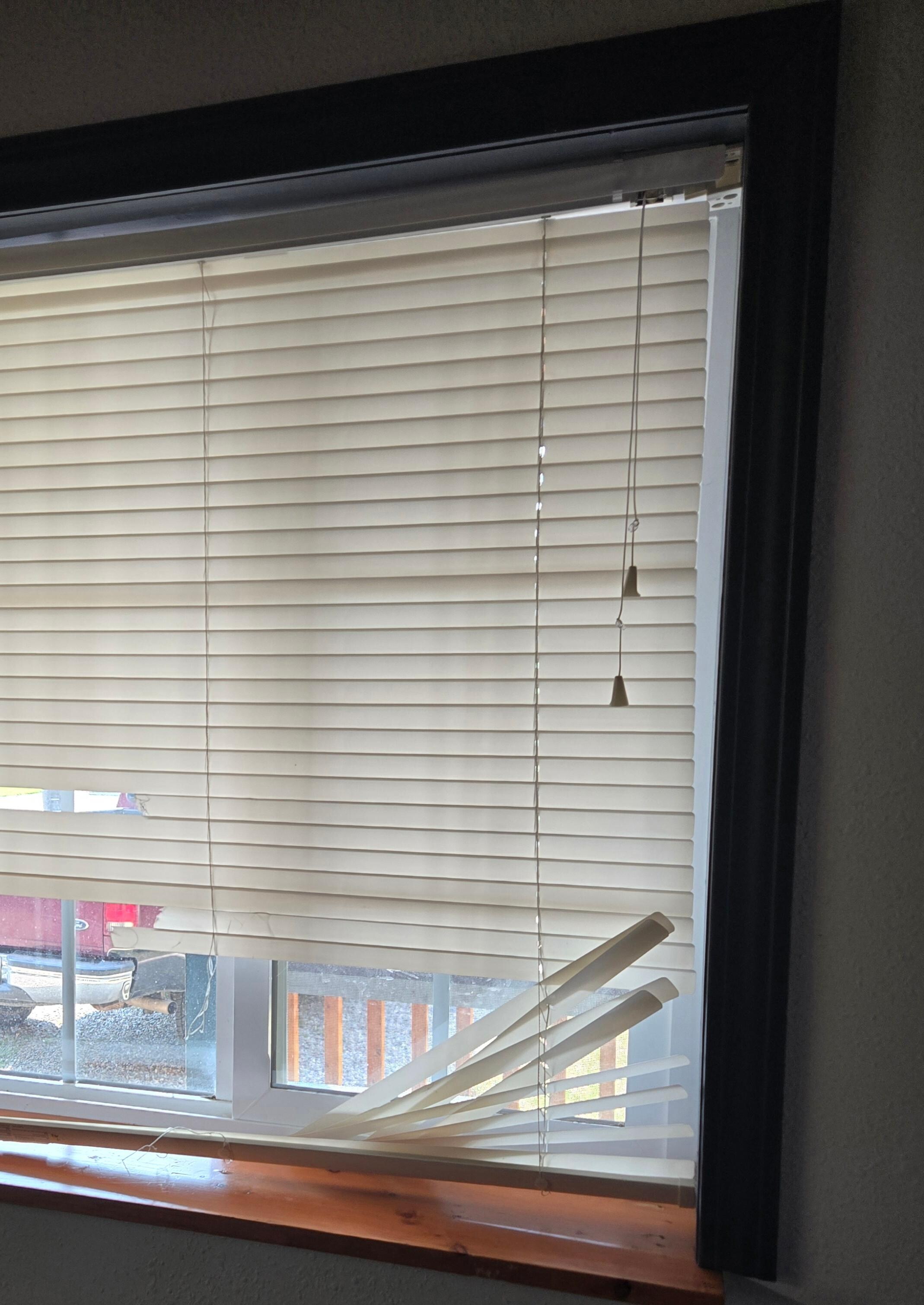 1 of the many broken blinds looking out towards the road.