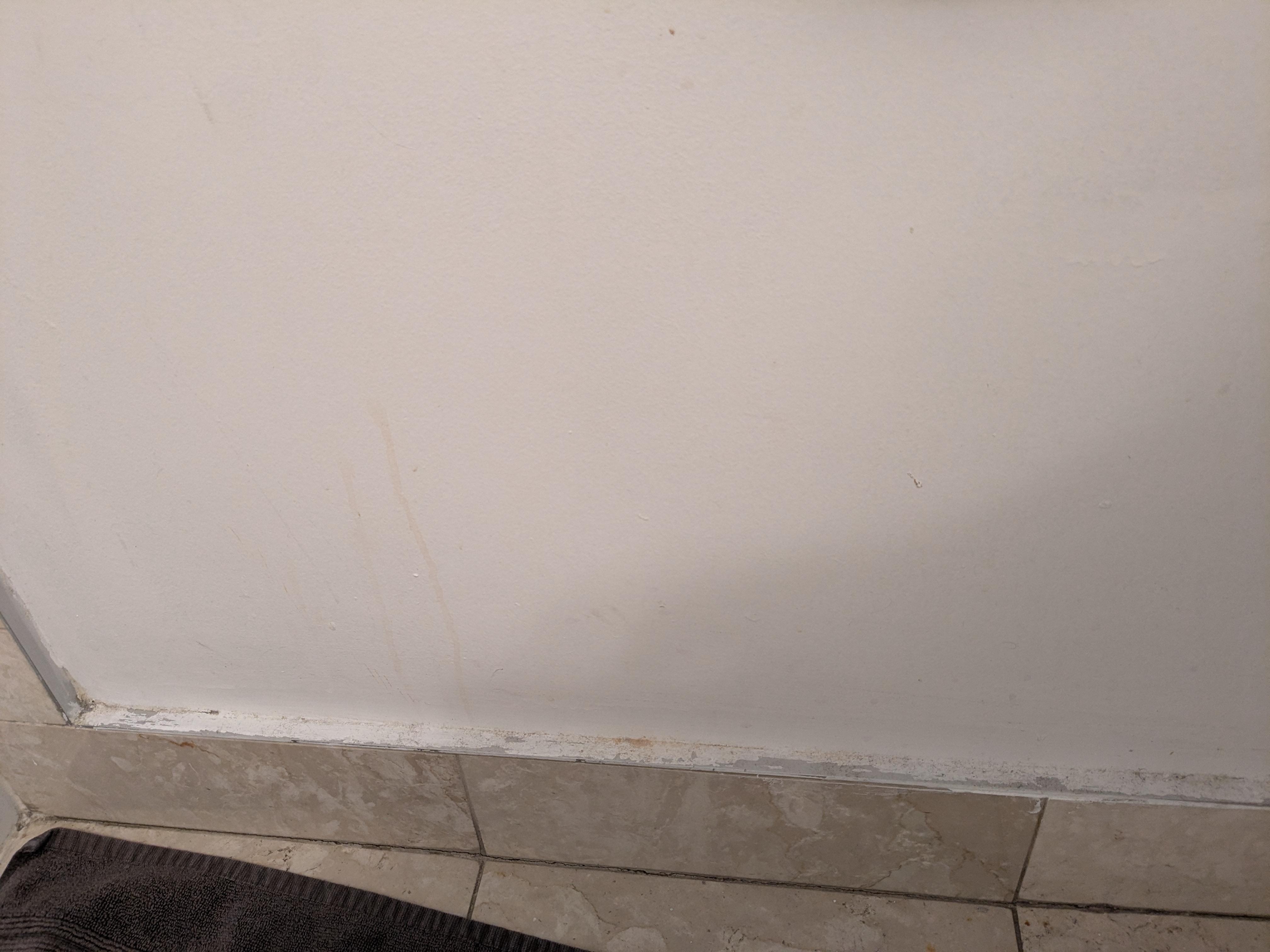 Unidentified splatter on bathroom wall, gross baseboards.