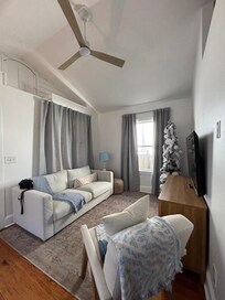 Cottage living room with Christmas tree