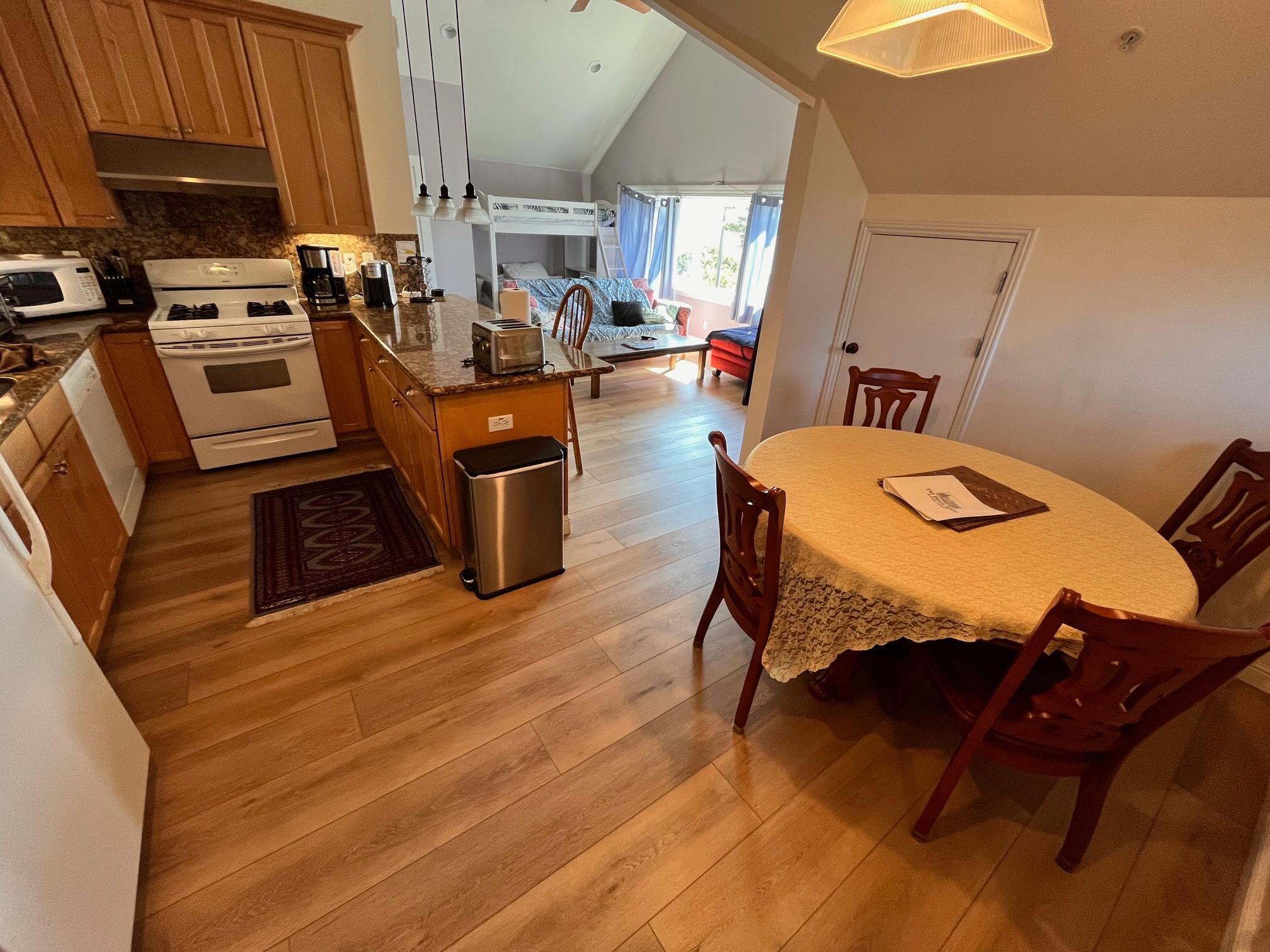 View from the entry towards the living room with bunk beds