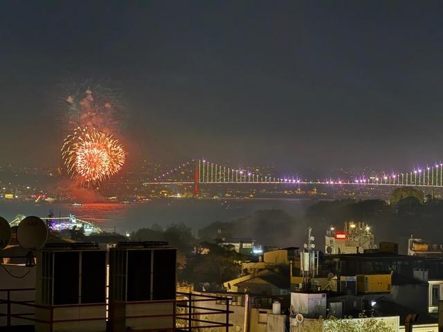 Fireworks over the Bosphorus as seen from the rooftop restaurant on Republic Day 