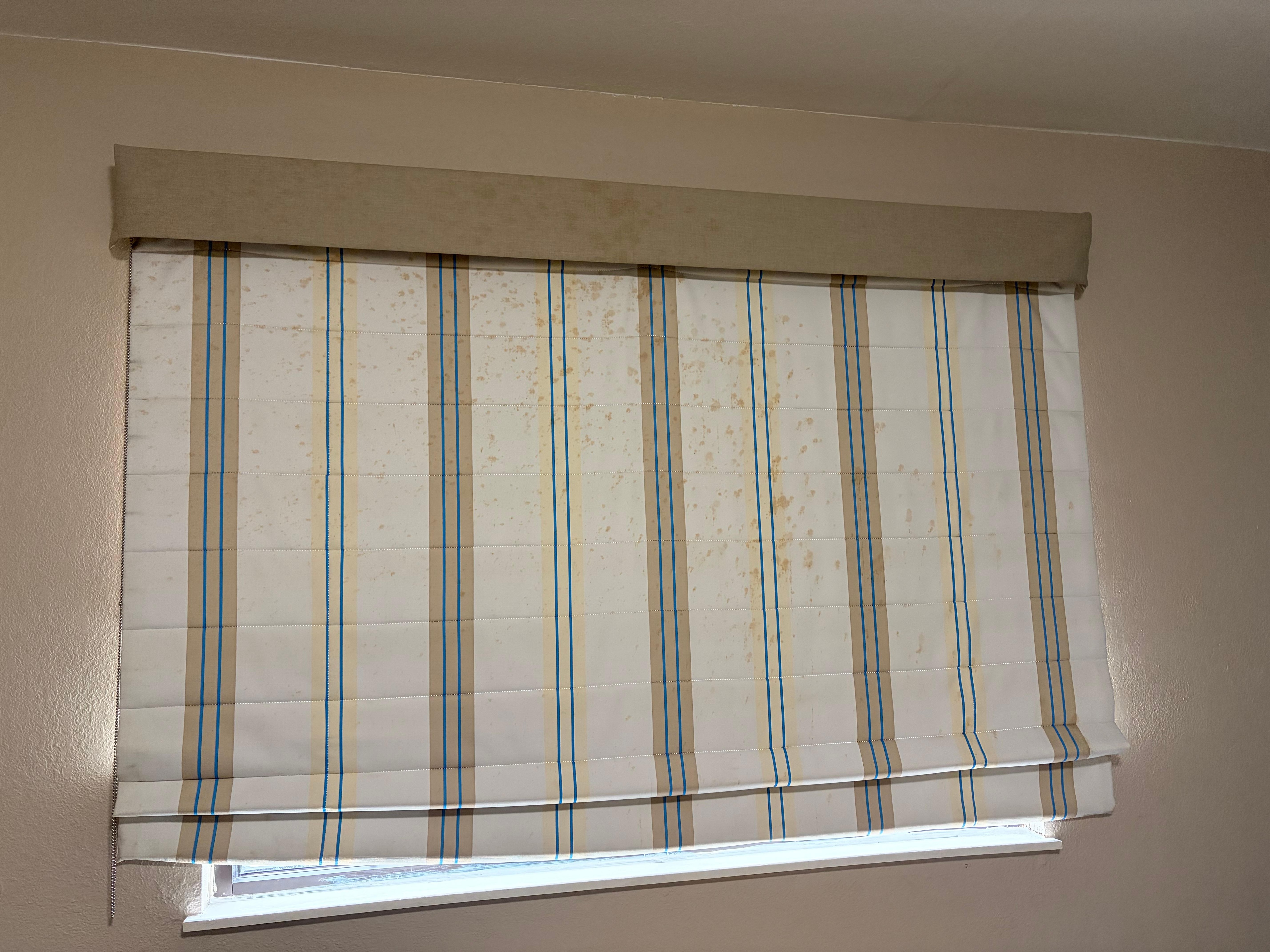 Stained curtains. Furniture/carpet was also filthy. 