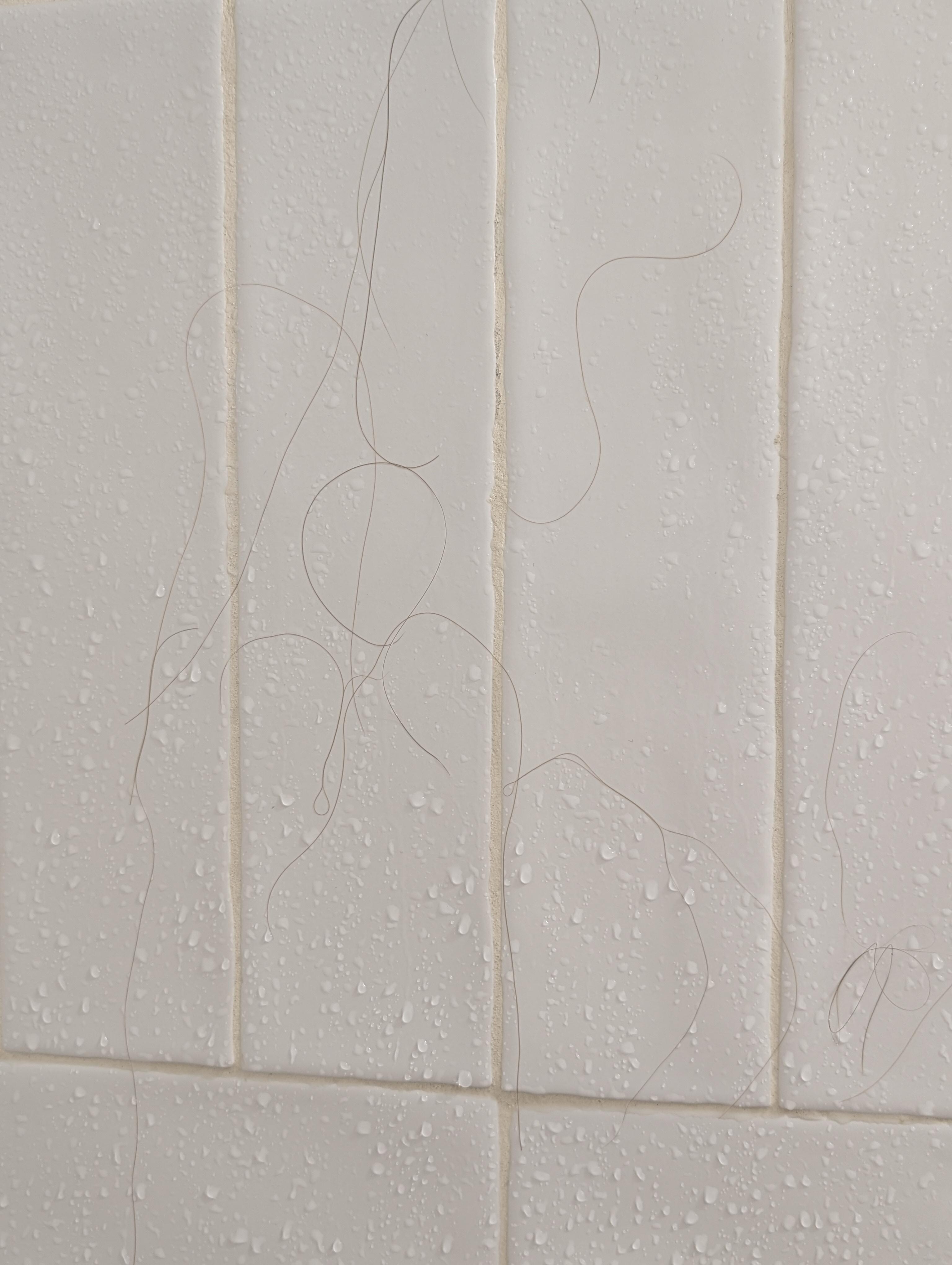 Shower wall with long hair all over it.