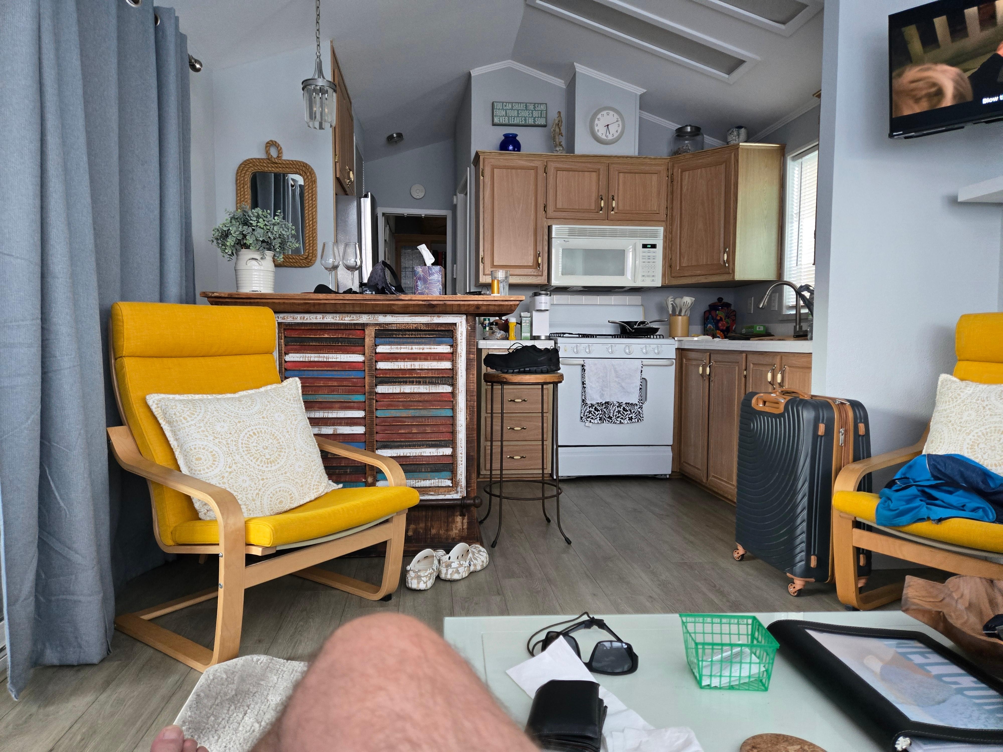 View of dining island, kitchen from living room 