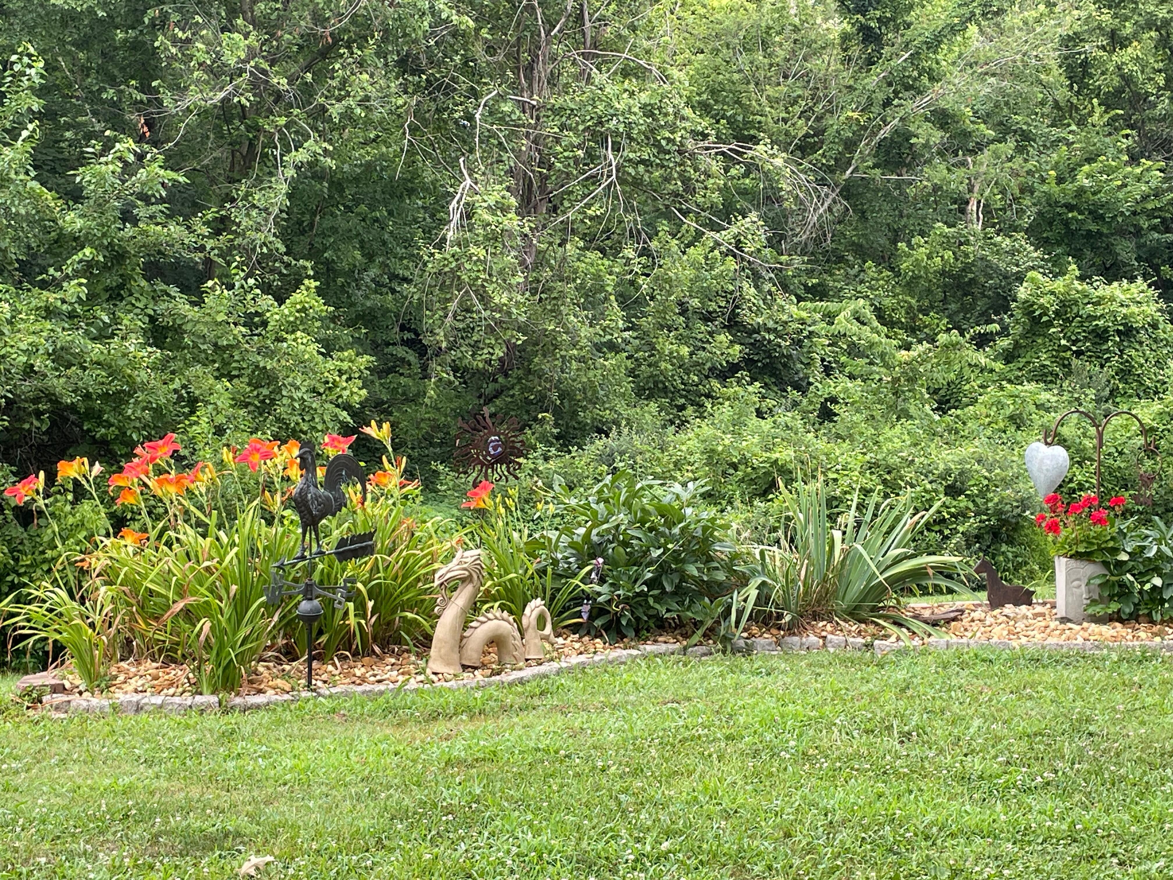 Lovely flower garden visible from the patio. 