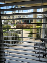 View of bar (right) & pool from bedroom door. Wish the bedroom had curtains!!