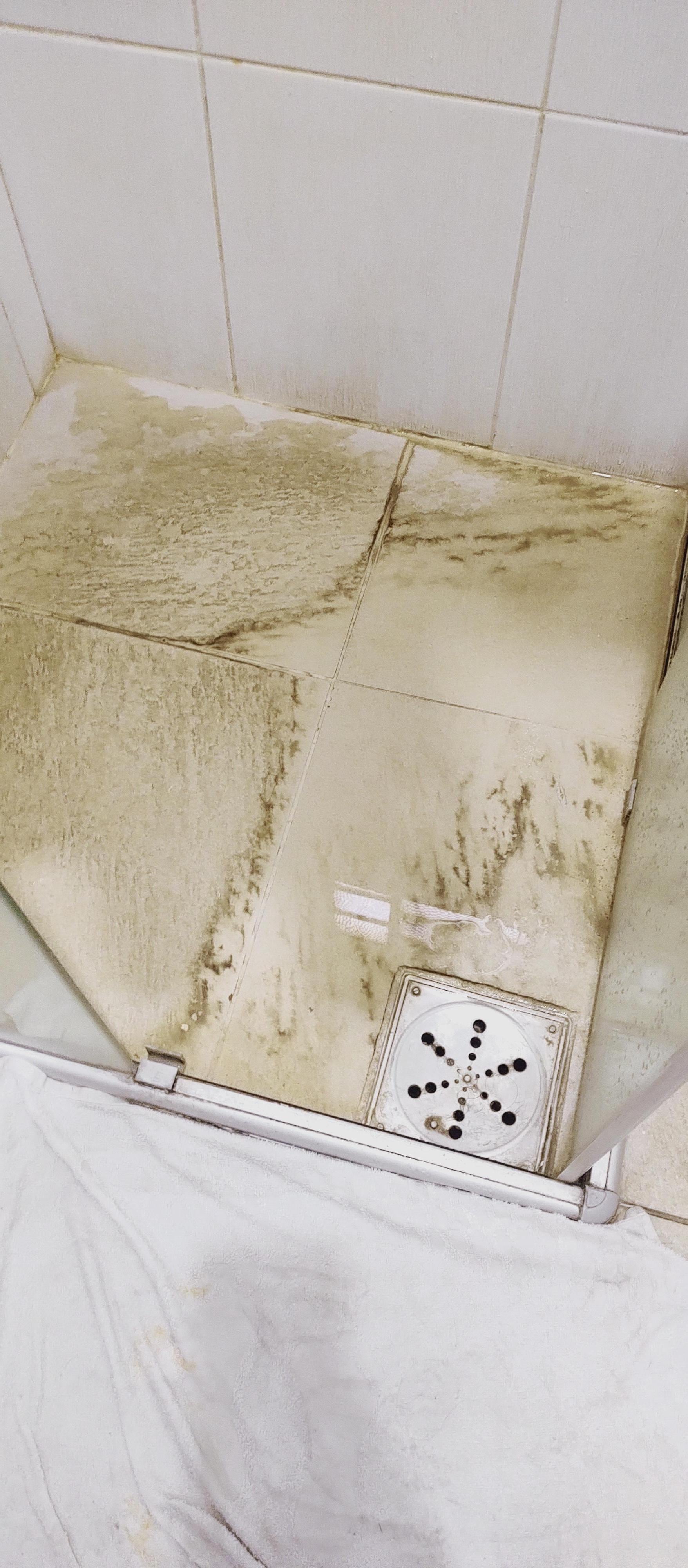 Chão todo encardido, sujo, aparência de abandono. 